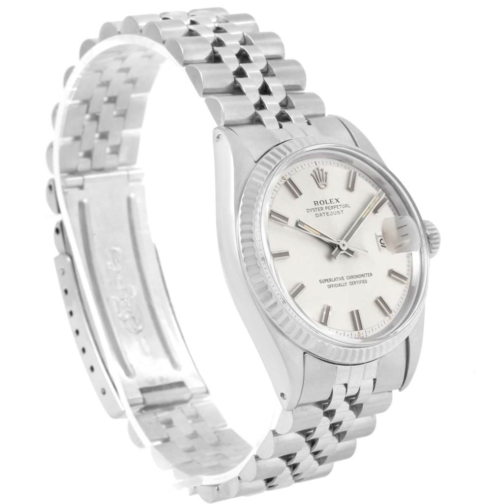 The image shows a side angle of the Rolex Vintage Collection 1601 Men's Stainless Steel Silver Dial 1601 Men's Stainless Steel Silver Dial watch, highlighting the dial, bracelet, and part of the clasp.