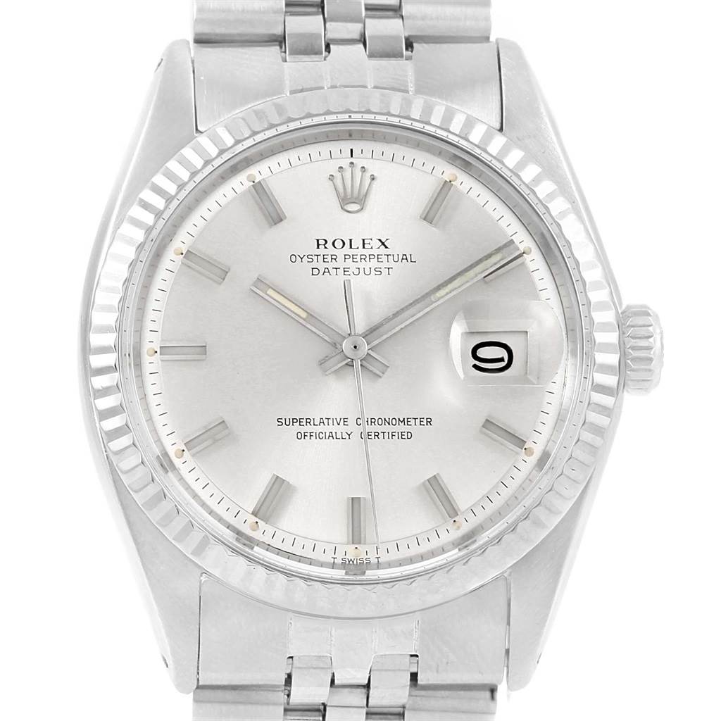 The image shows a front view of the Rolex Vintage Collection 1601 Men's Stainless Steel Silver Dial 1601 Men's Stainless Steel Silver Dial Oyster Perpetual Datejust watch, highlighting the dial, bezel, and bracelet.