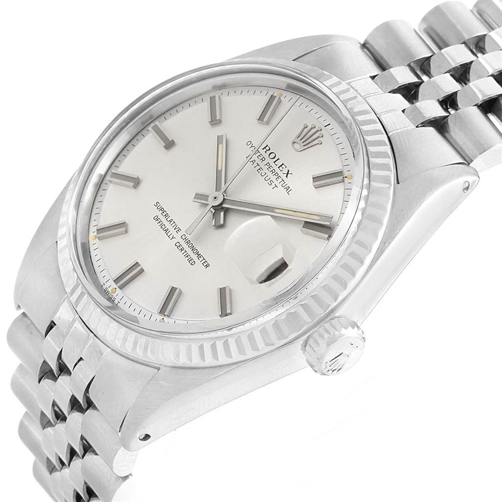 The Rolex Vintage Collection 1601 Men's Stainless Steel Silver Dial 1601 Men's Stainless Steel Silver Dial model is shown from a side angle, displaying its face, bezel, crown, and bracelet.