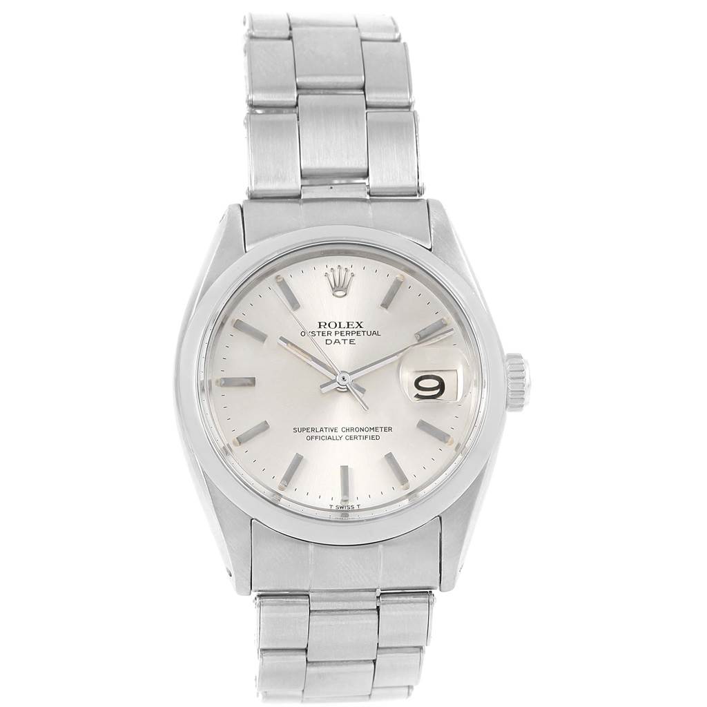 This image shows a Rolex Vintage Collection 1500 Men's Stainless Steel Silver Dial 1500 Men's Stainless Steel Silver Dial Oyster Perpetual Date watch from a front angle, displaying its face, hands, and bracelet.
