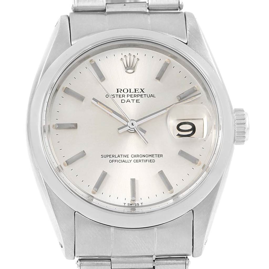The image shows a front view of the Rolex Oyster Perpetual Date from the Vintage Collection.