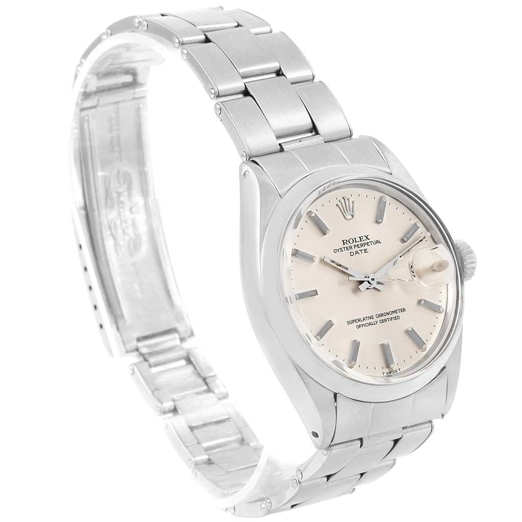 This image shows a Rolex Vintage Collection 1500 Men's Stainless Steel Silver Dial 1500 Men's Stainless Steel Silver Dial watch from an angled front view, highlighting the face, bezel, and metal band.
