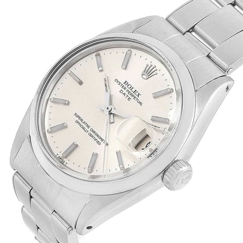 The Rolex Vintage Collection 1500 Men's Stainless Steel Silver Dial 1500 Men's Stainless Steel Silver Dial watch is shown from a slight angle, highlighting its face, crown, and metal bracelet.