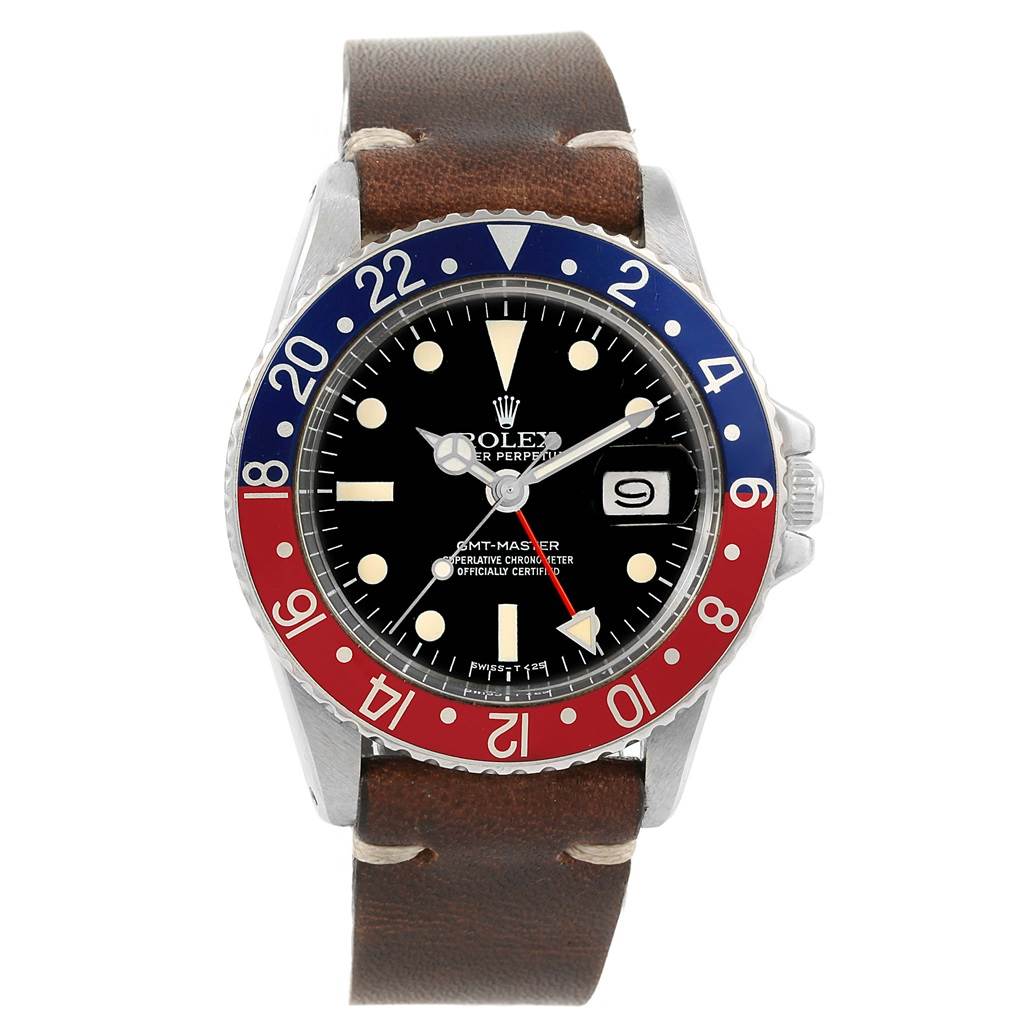 This is a front view of the Rolex Vintage Collection 1675 Men's Stainless Steel Black Dial 1675 Men's Stainless Steel Black Dial model wristwatch, showing the dial, bezel, and leather strap.