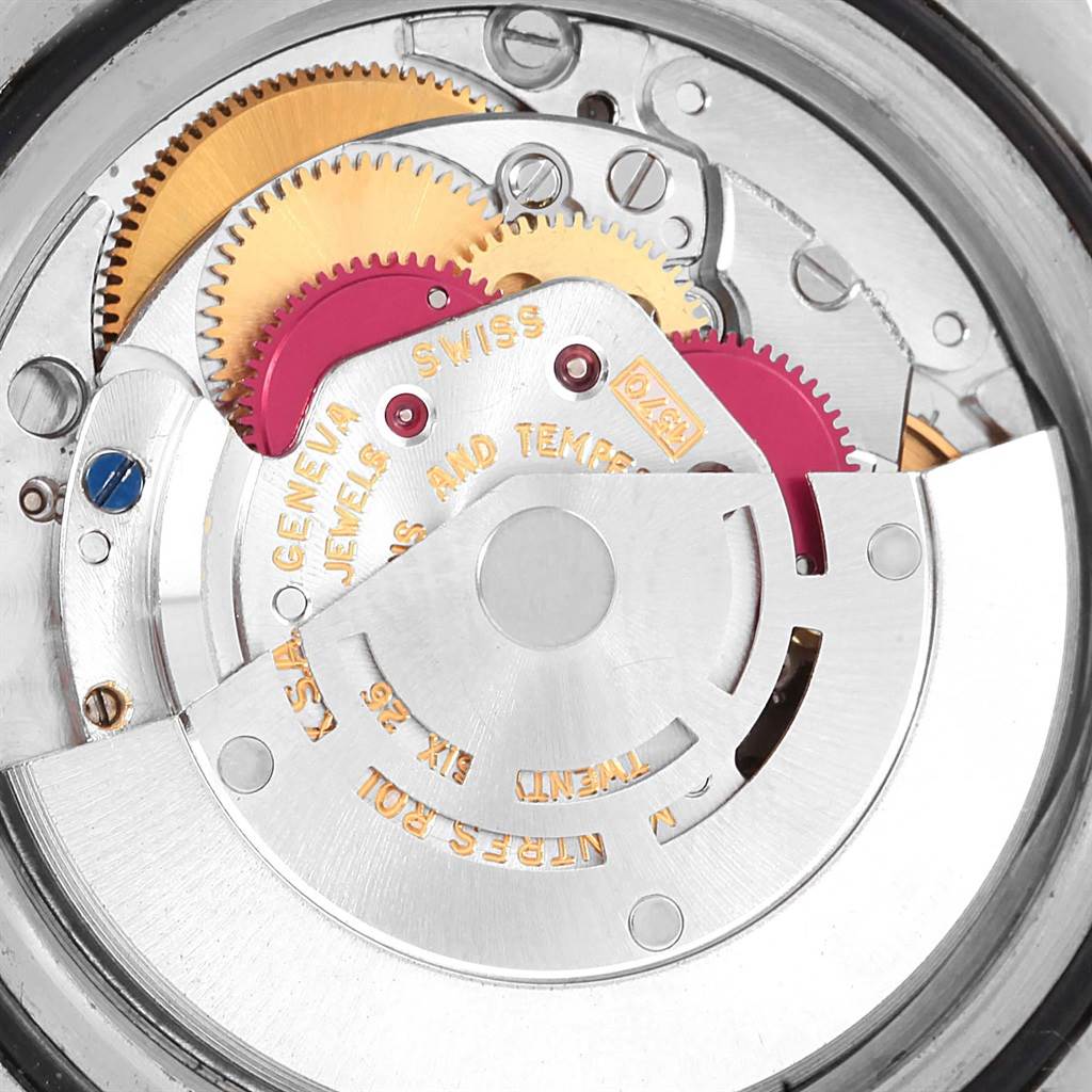 This close-up view shows the intricate internal mechanics of the Rolex Vintage Collection 1675 Men's Stainless Steel Black Dial 1675 Men's Stainless Steel Black Dial model watch.
