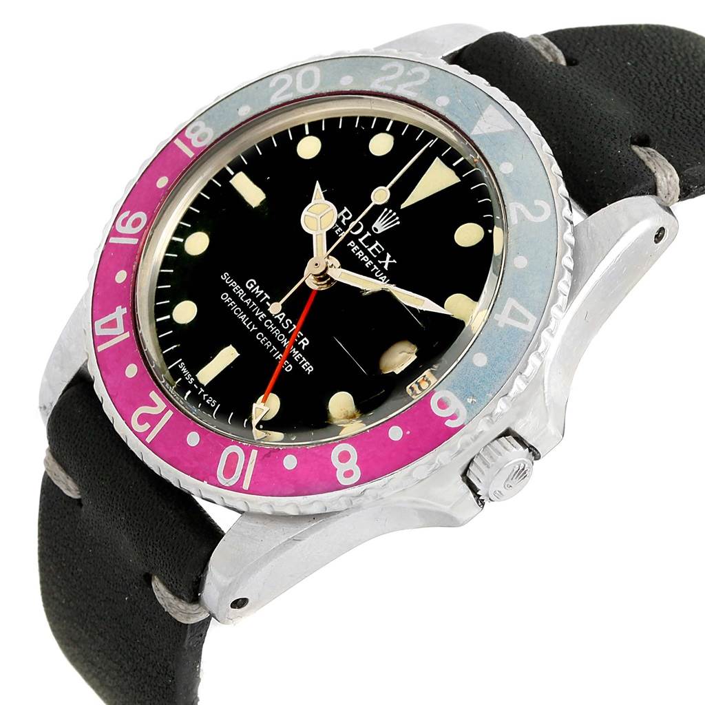 The Rolex Vintage Collection 1675 Men's Stainless Steel Black Dial 1675 Men's Stainless Steel Black Dial GMT-Master is shown at a slight angle displaying the bezel, dial, case, and part of the strap.