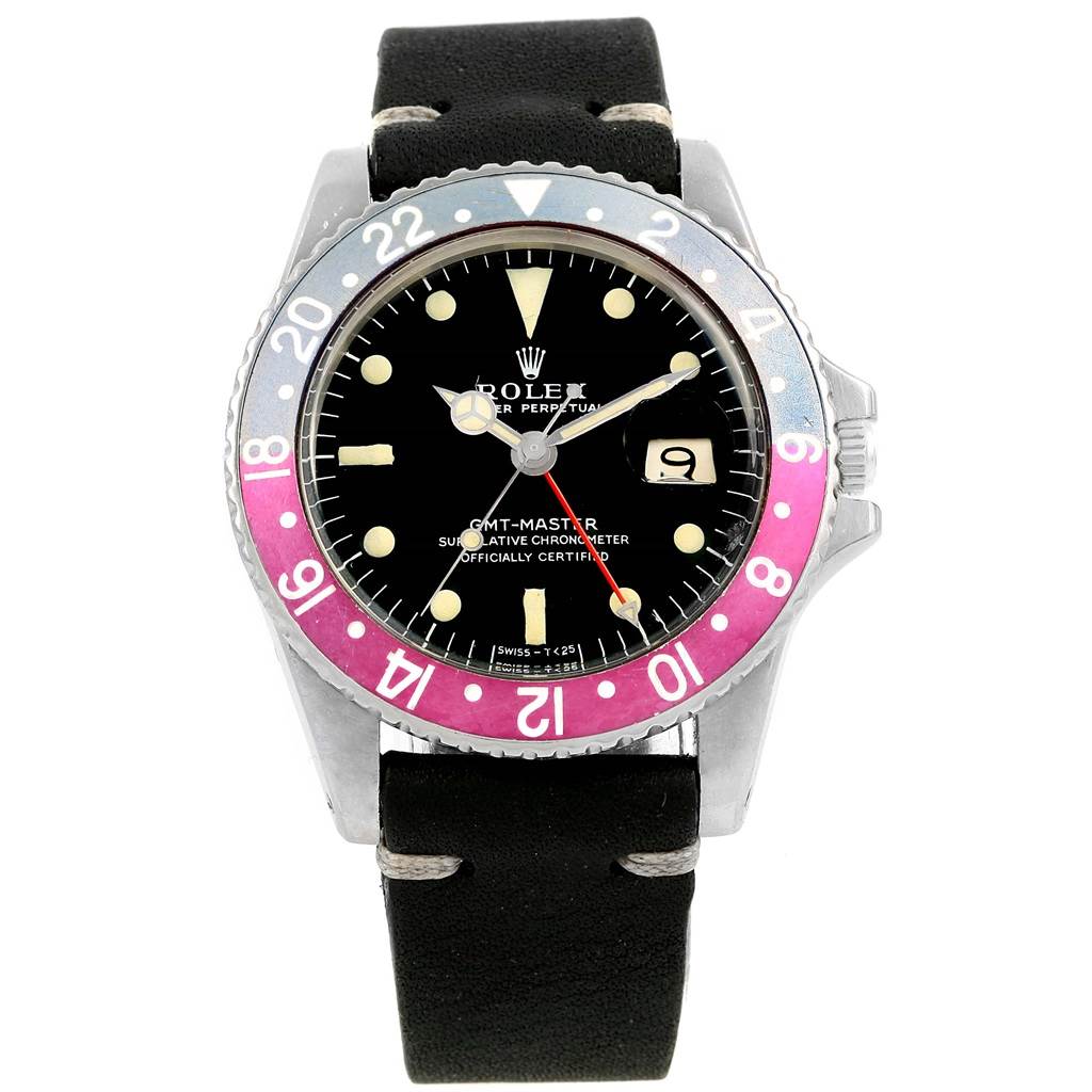 The image shows a frontal view of a Rolex Vintage Collection 1675 Men's Stainless Steel Black Dial 1675 Men's Stainless Steel Black Dial GMT-Master watch, displaying its dial, hands, bezel, and strap.