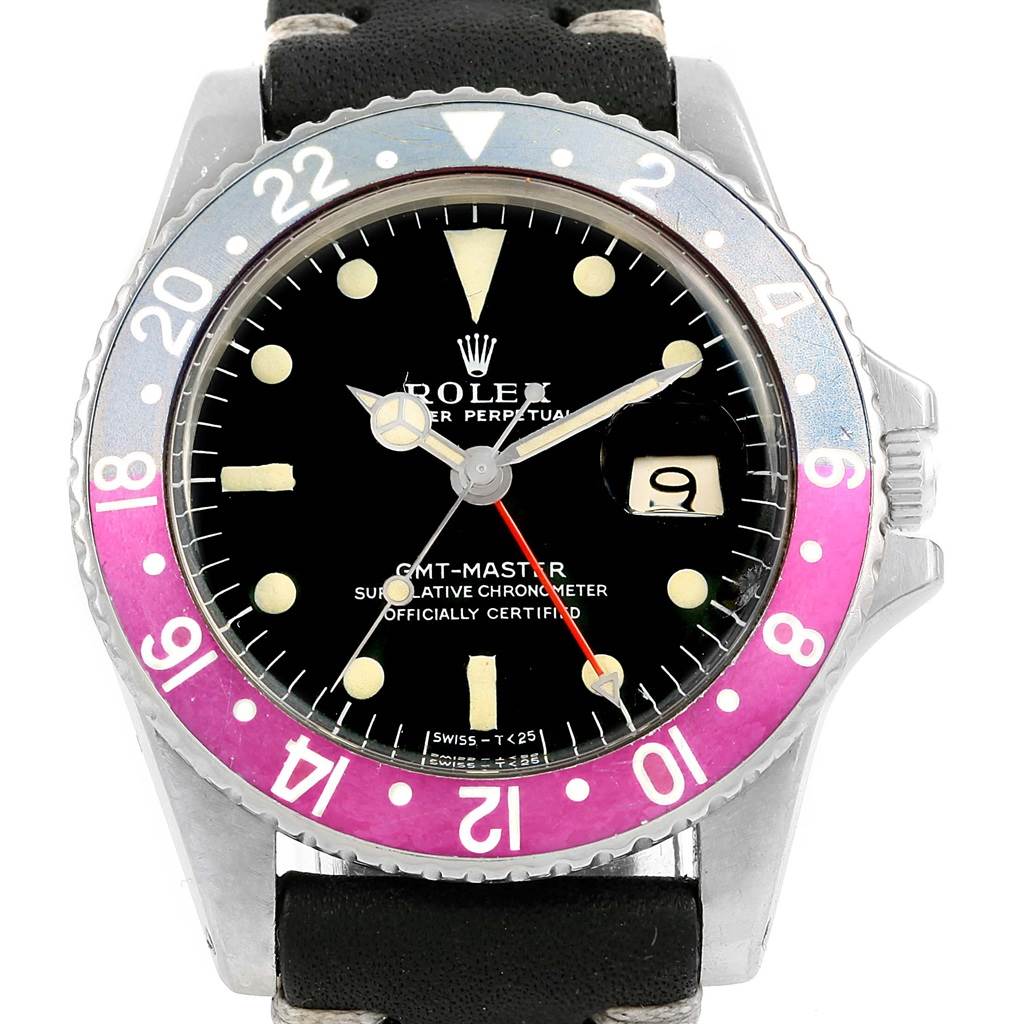 The image shows a front view of a Rolex Vintage Collection 1675 Men's Stainless Steel Black Dial 1675 Men's Stainless Steel Black Dial GMT-Master watch, displaying the dial, hands, bezel, and date window.