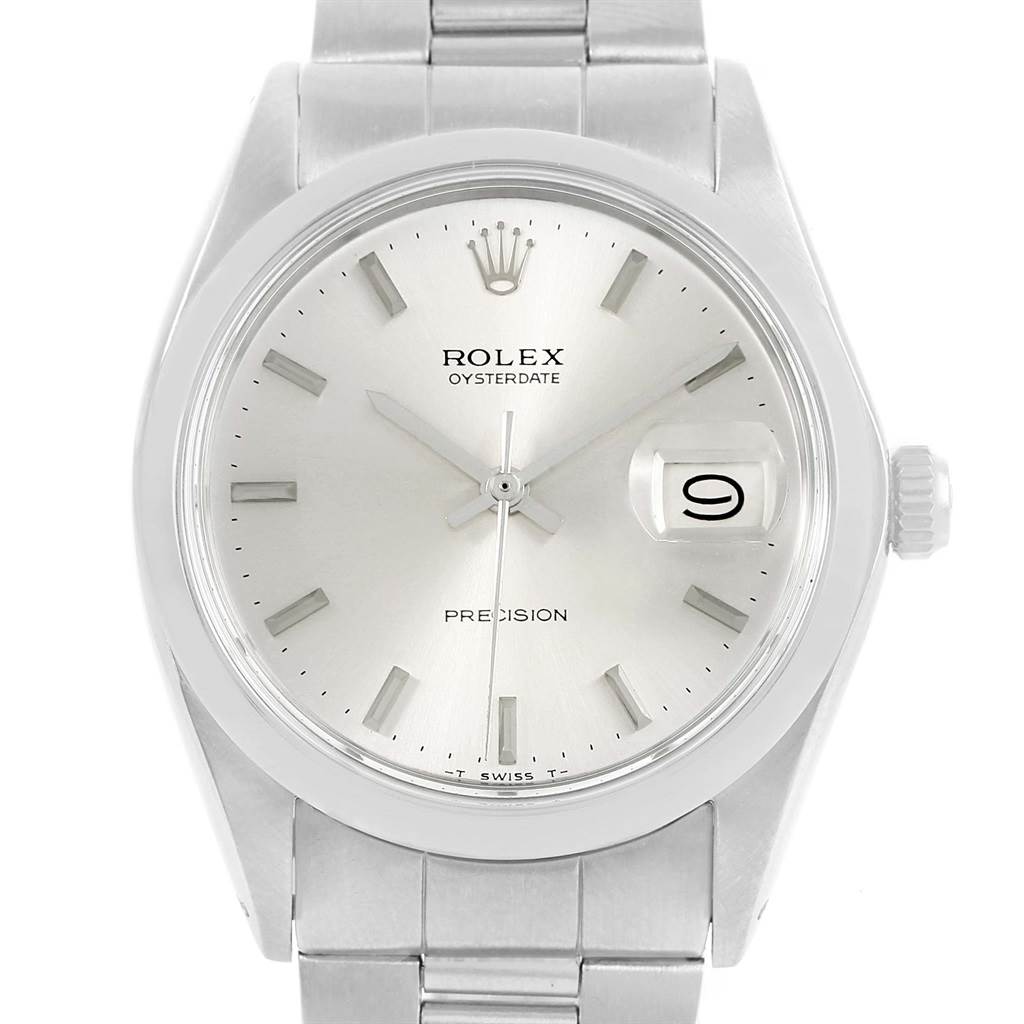 The image shows a front view of a Rolex Vintage Collection 6694 Men's Stainless Steel Silver Dial 6694 Men's Stainless Steel Silver Dial model watch, highlighting the dial, hands, date display, and bracelet.