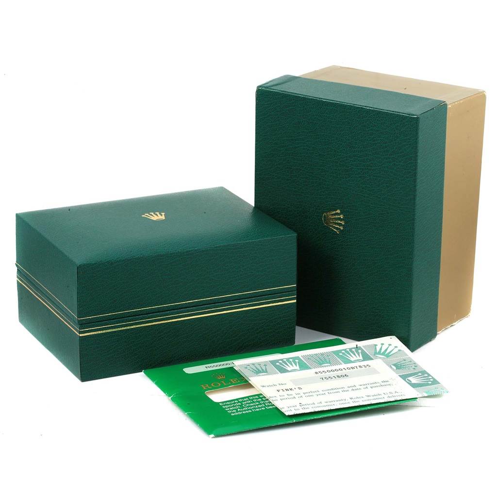 The image shows the box, outer box, and warranty card for the Rolex Vintage Collection 5500 Men's Stainless Steel Black Dial 5500 Men's Stainless Steel Black Dial model.