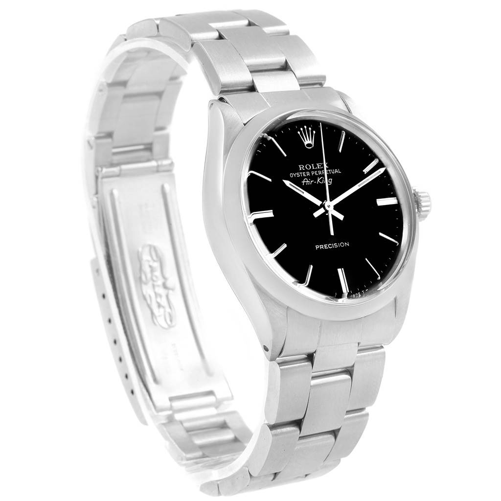 The Rolex Vintage Collection 5500 Men's Stainless Steel Black Dial 5500 Men's Stainless Steel Black Dial watch model, shown from a tilted angle, highlights its face and partially unfolded bracelet.