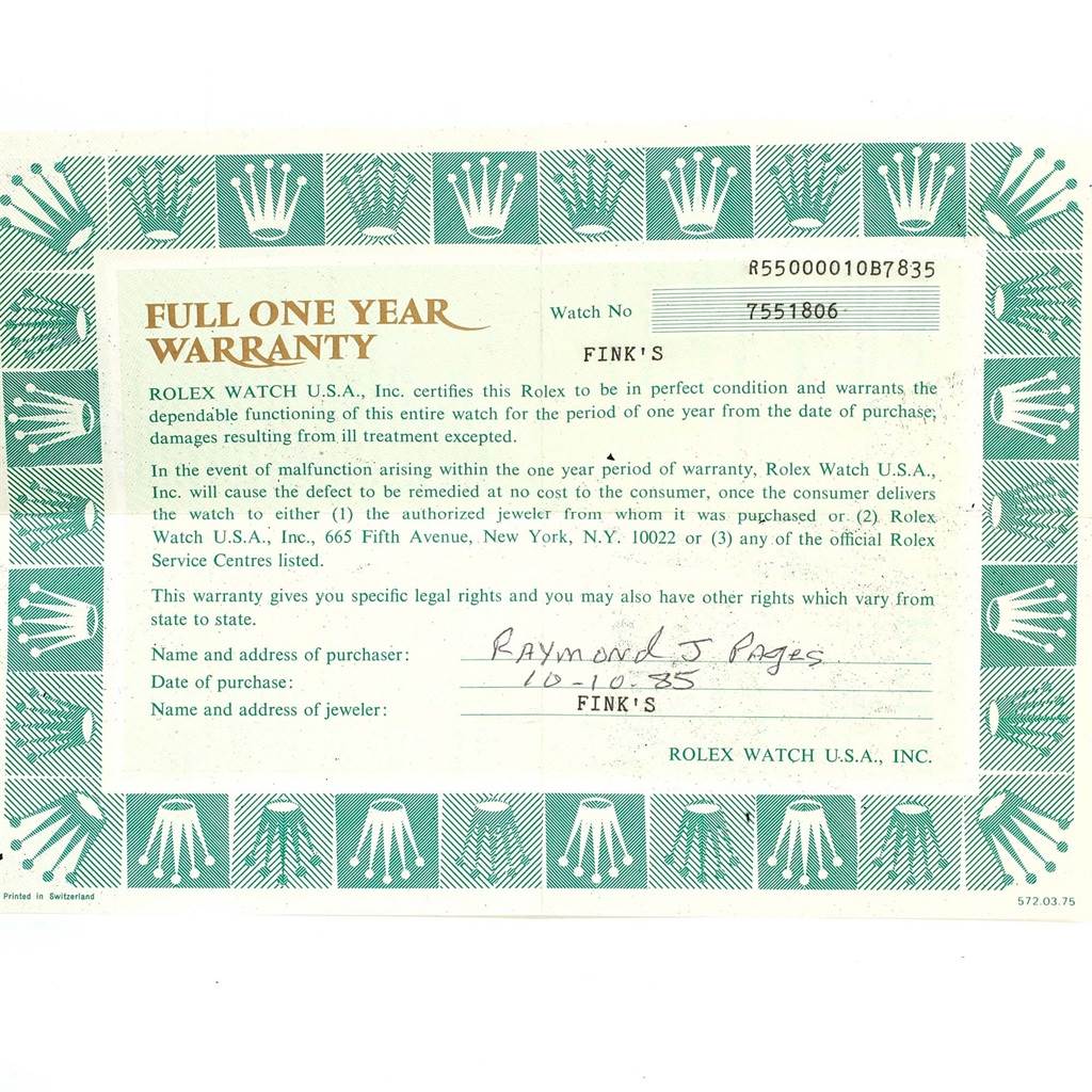 The image shows a warranty card for the Vintage Collection model by Rolex.