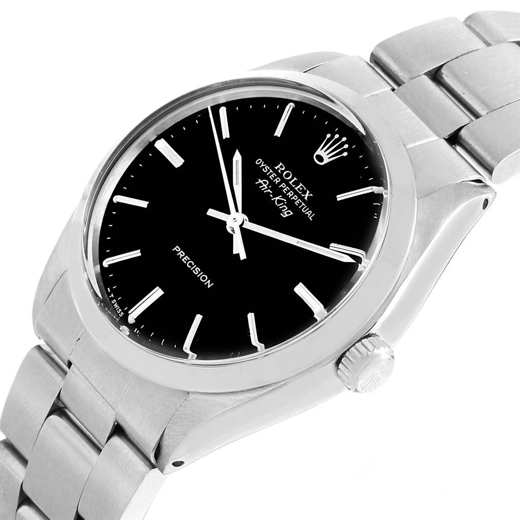 The Rolex Vintage Collection 5500 Men's Stainless Steel Black Dial 5500 Men's Stainless Steel Black Dial model is shown at a slight angle, highlighting the black dial, crown, and stainless steel bracelet.