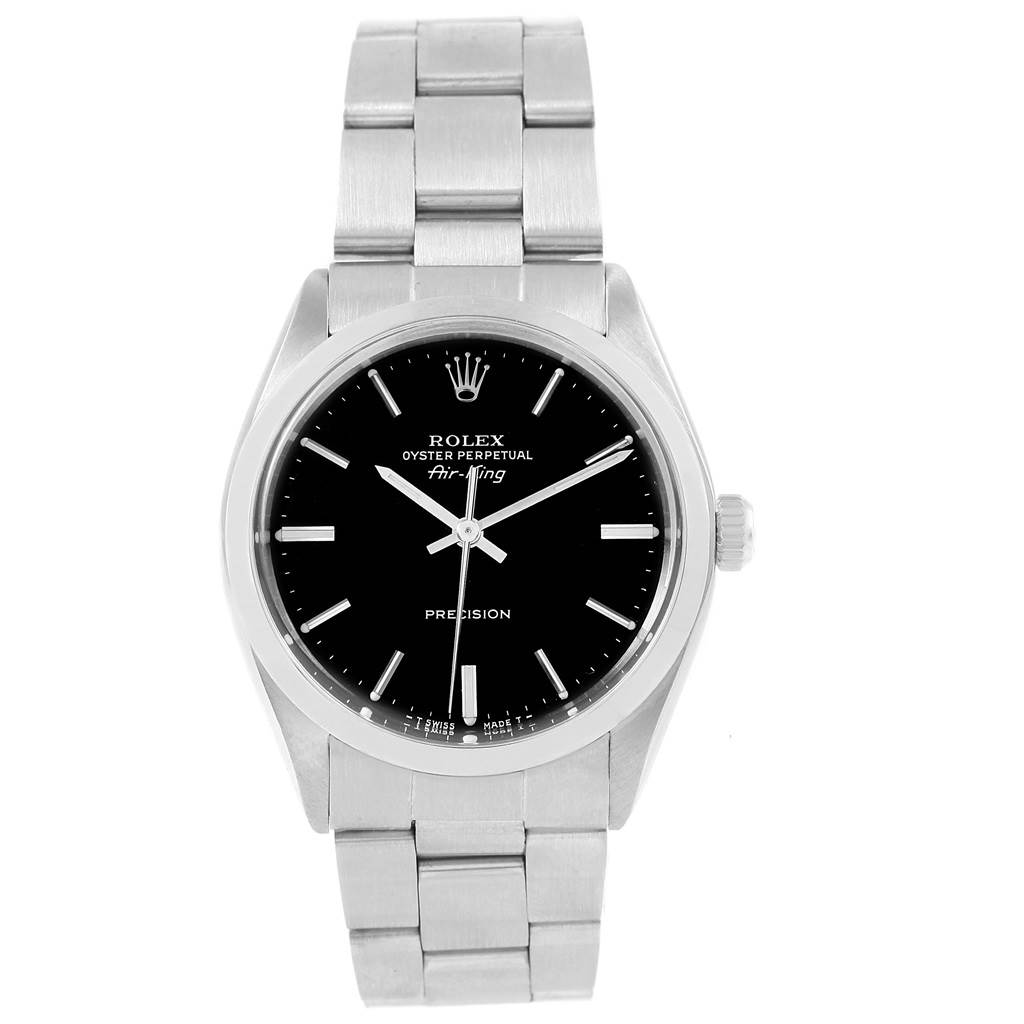 The image shows a front view of a Rolex Vintage Collection 5500 Men's Stainless Steel Black Dial 5500 Men's Stainless Steel Black Dial Oyster Perpetual Air-King watch, including the face and metal bracelet.