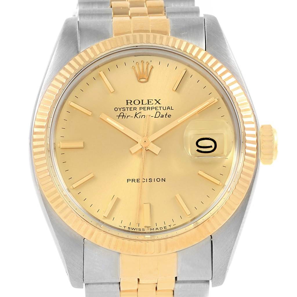 The image shows a front view of the Rolex Vintage Collection 5701 Men's Steel and Gold (two tone) Champagne Dial 5701 Men's Steel and Gold (two tone) Champagne Dial Oyster Perpetual Air-King-Date watch, highlighting its dial and bracelet.