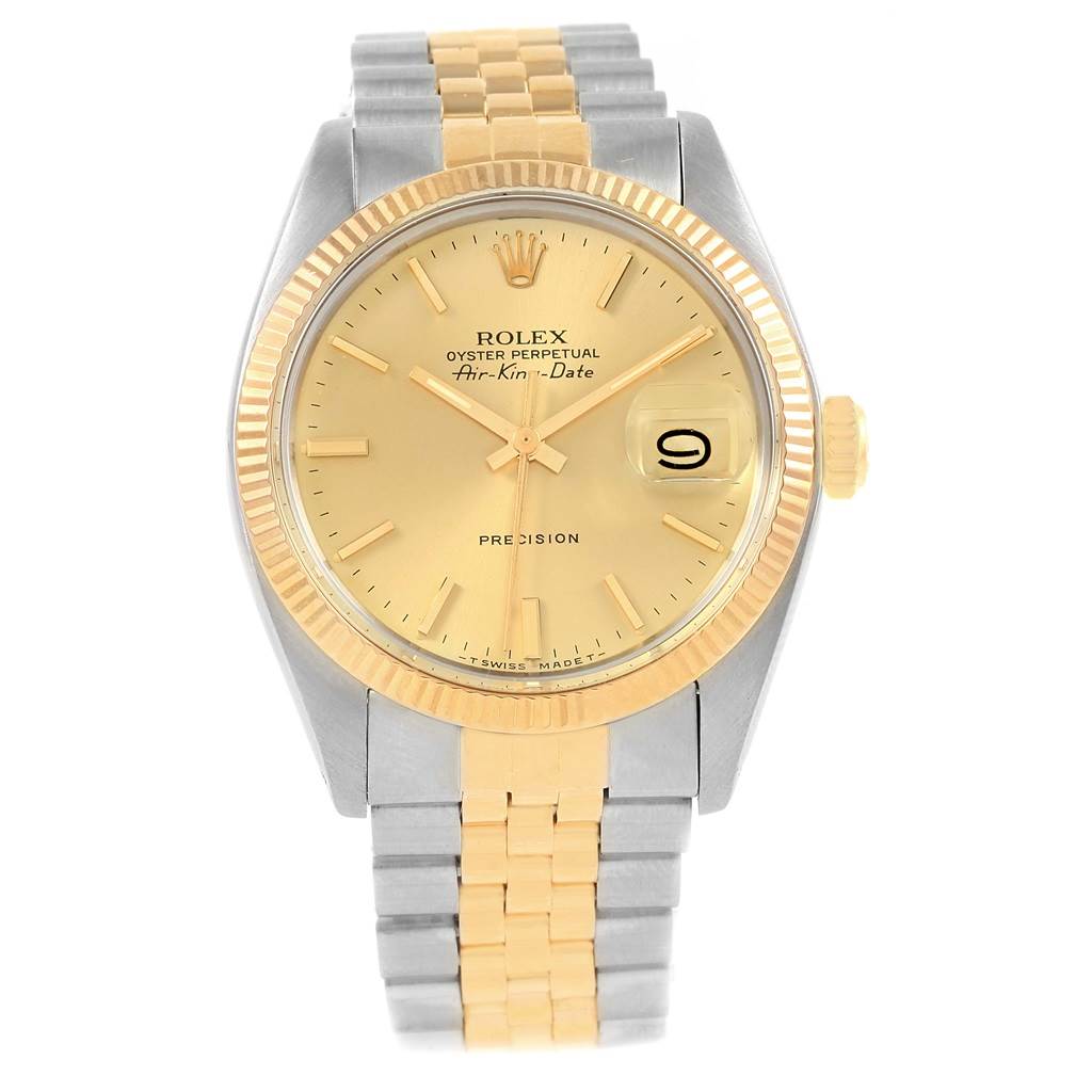 This image shows a front view of the Rolex Vintage Collection 5701 Men's Steel and Gold (two tone) Champagne Dial 5701 Men's Steel and Gold (two tone) Champagne Dial Oyster Perpetual Air-King-Date watch, highlighting the dial, bezel, and bracelet.