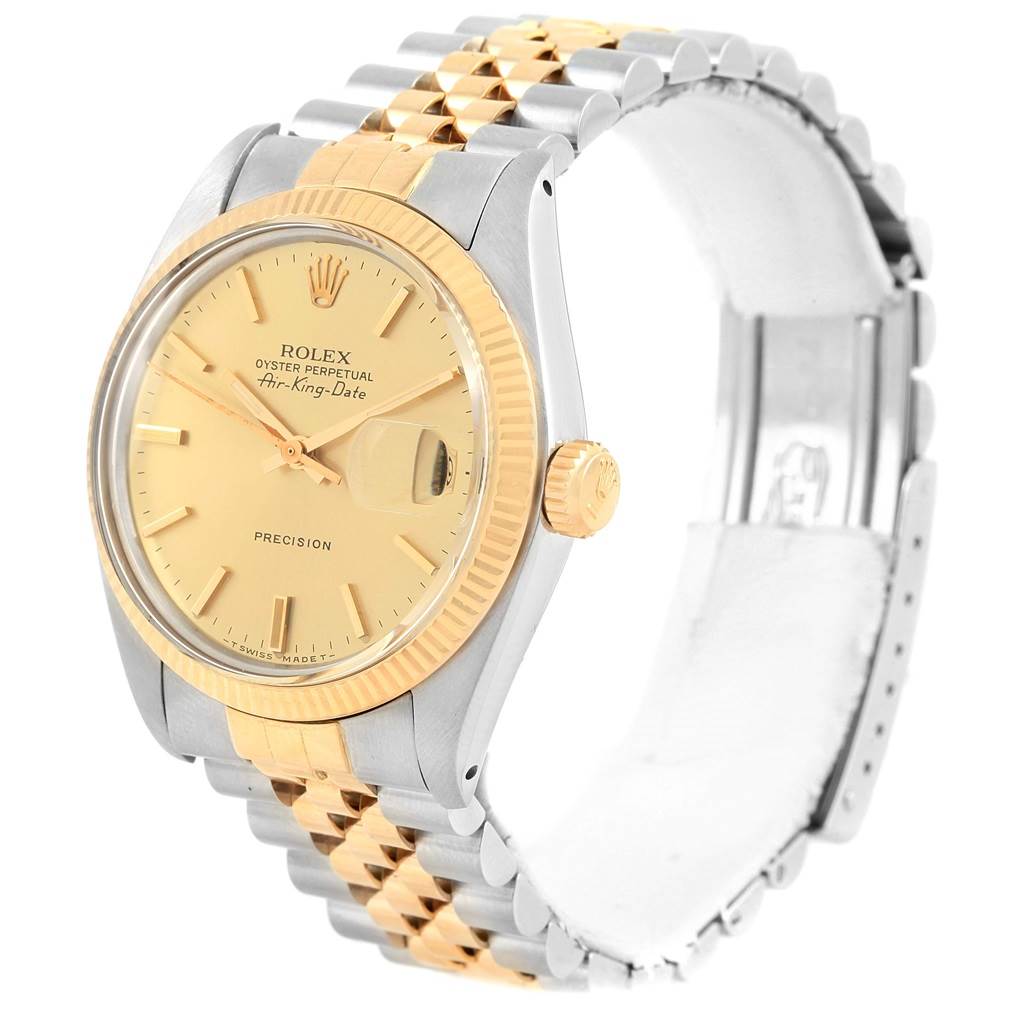 The image shows a side view of the Rolex Vintage Collection 5701 Men's Steel and Gold (two tone) Champagne Dial 5701 Men's Steel and Gold (two tone) Champagne Dial Oyster Perpetual Air-King-Date watch, highlighting the dial, bezel, and jubilee bracelet.