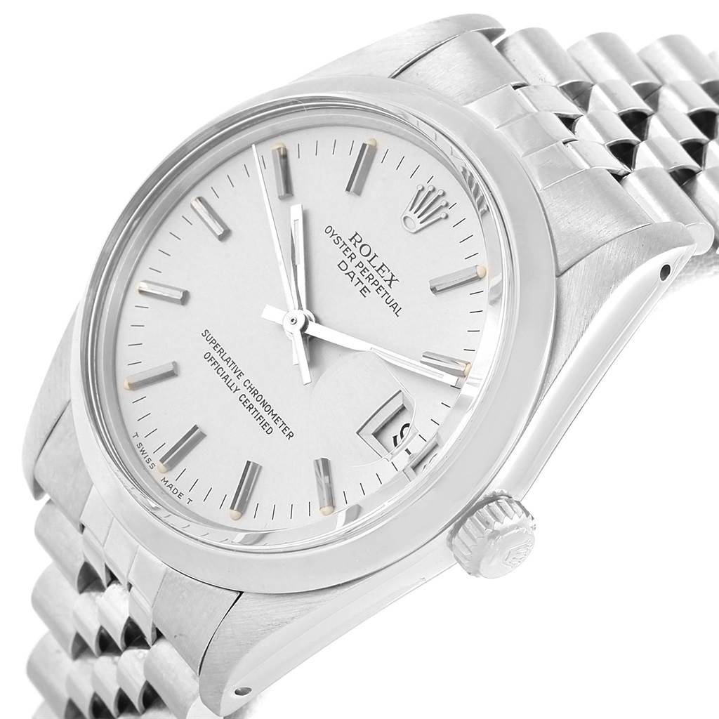 The image shows a Rolex Vintage Collection 15000 Men's Stainless Steel Silver Dial 15000 Men's Stainless Steel Silver Dial watch at an angled close-up, highlighting the face, crown, and part of the bracelet.