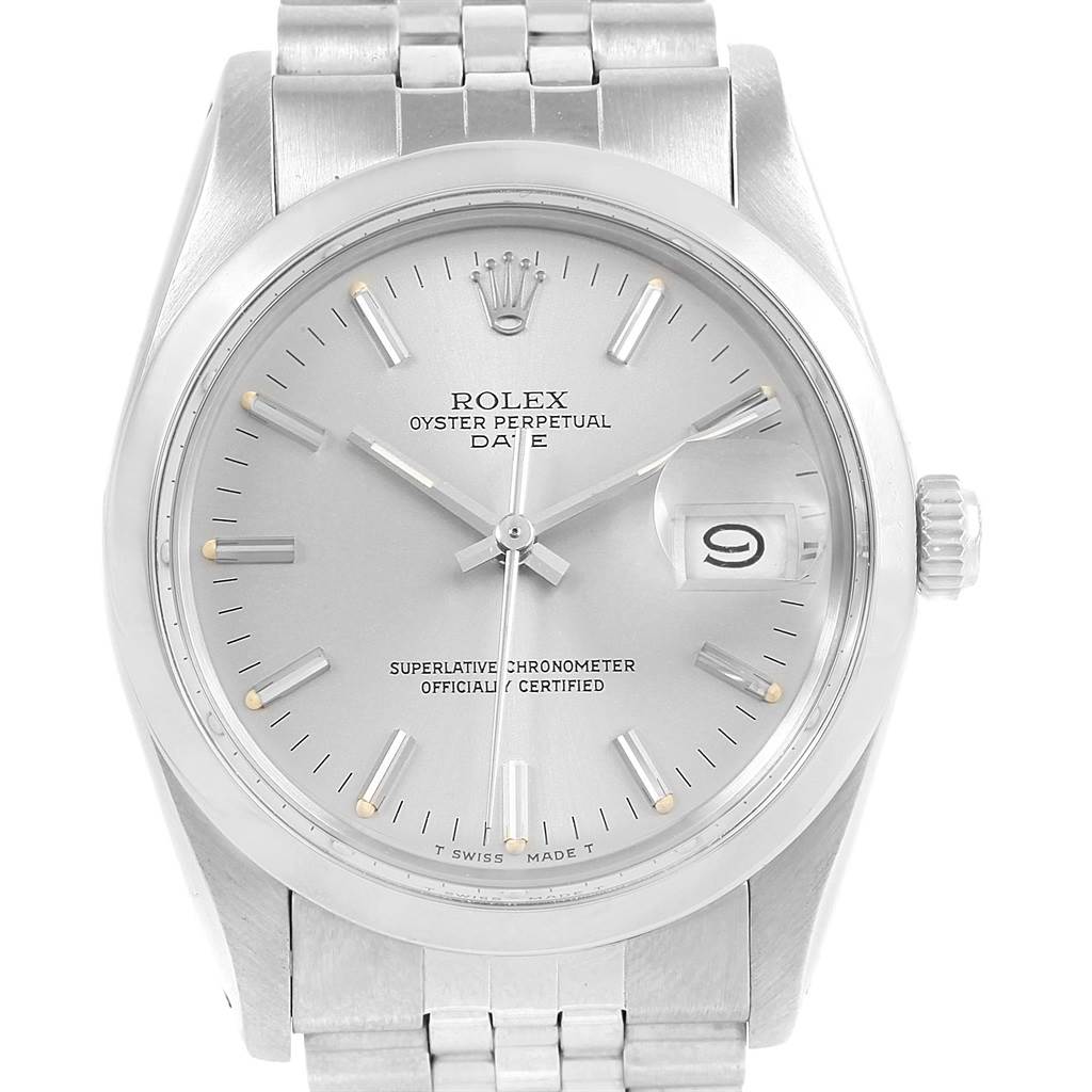 The image shows a front view of a Rolex Vintage Collection 15000 Men's Stainless Steel Silver Dial 15000 Men's Stainless Steel Silver Dial Oyster Perpetual Date watch, highlighting the dial, hands, and bracelet.