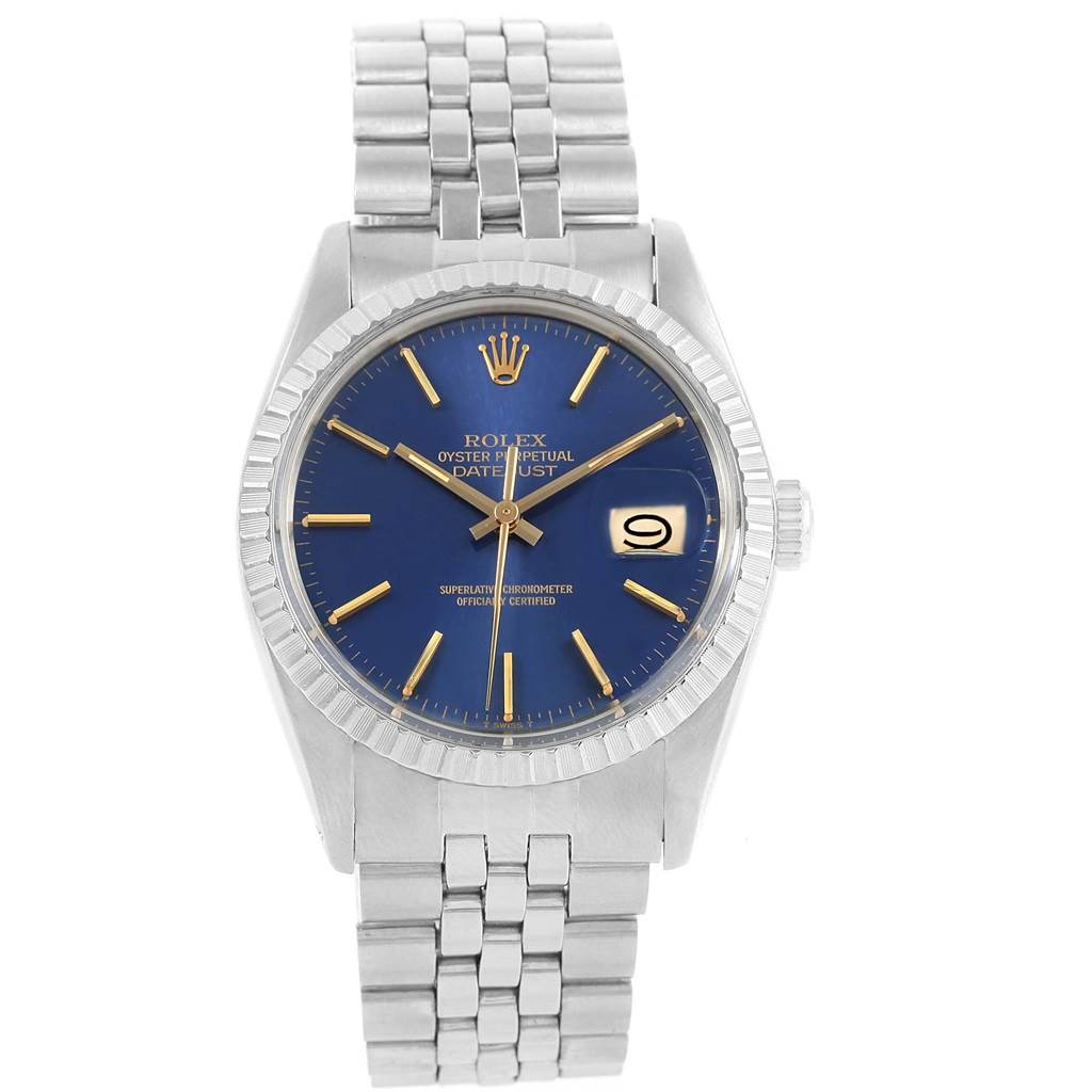 The image shows a front view of a Rolex Vintage Collection 16030 Men's Stainless Steel Blue Dial 16030 Men's Stainless Steel Blue Dial Oyster Perpetual Datejust watch with a blue dial and metal bracelet.