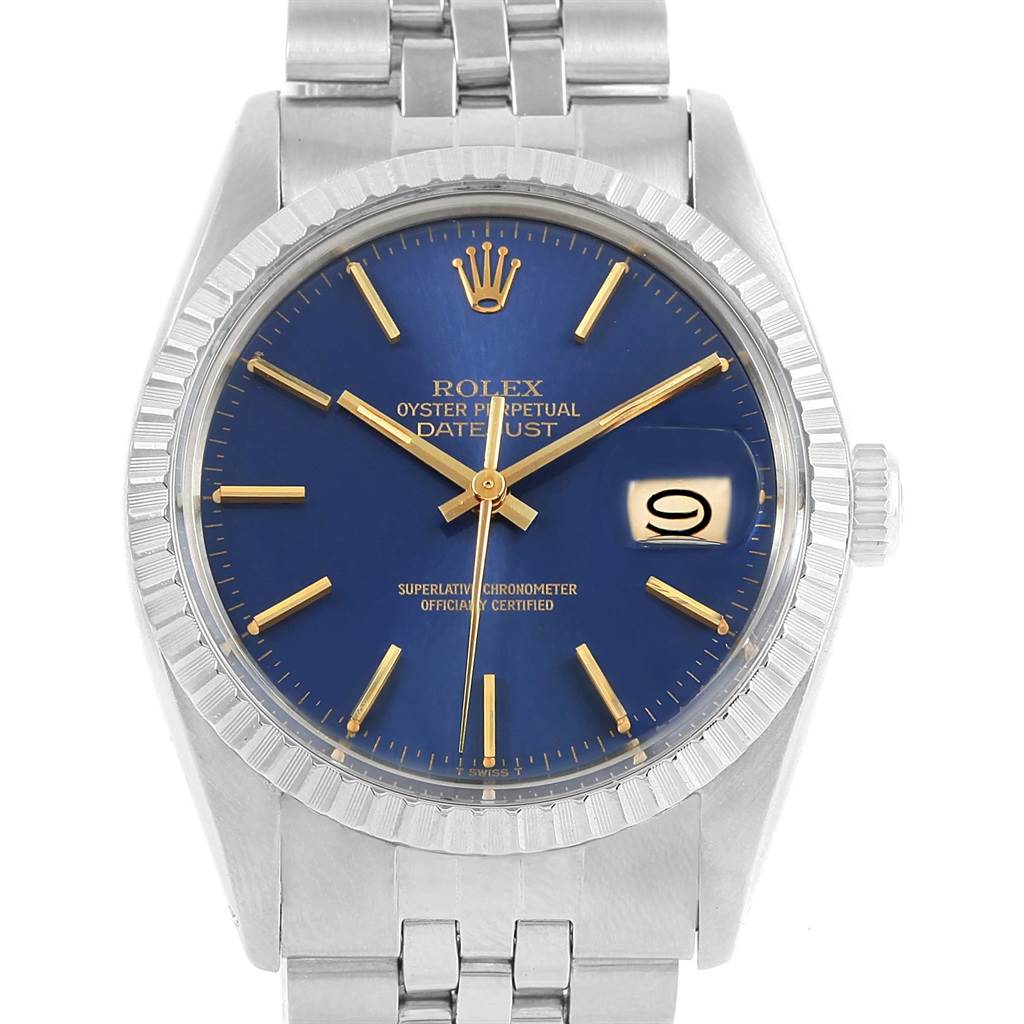 This image shows a front view of the Rolex Vintage Collection 16030 Men's Stainless Steel Blue Dial 16030 Men's Stainless Steel Blue Dial Datejust watch, displaying its blue dial, date window, and stainless steel bracelet.