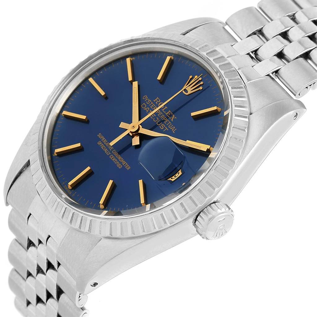 The image shows a close-up, angled view of the dial, case, bezel, crown, and part of the bracelet of the Rolex Vintage Collection 16030 Men's Stainless Steel Blue Dial 16030 Men's Stainless Steel Blue Dial model.