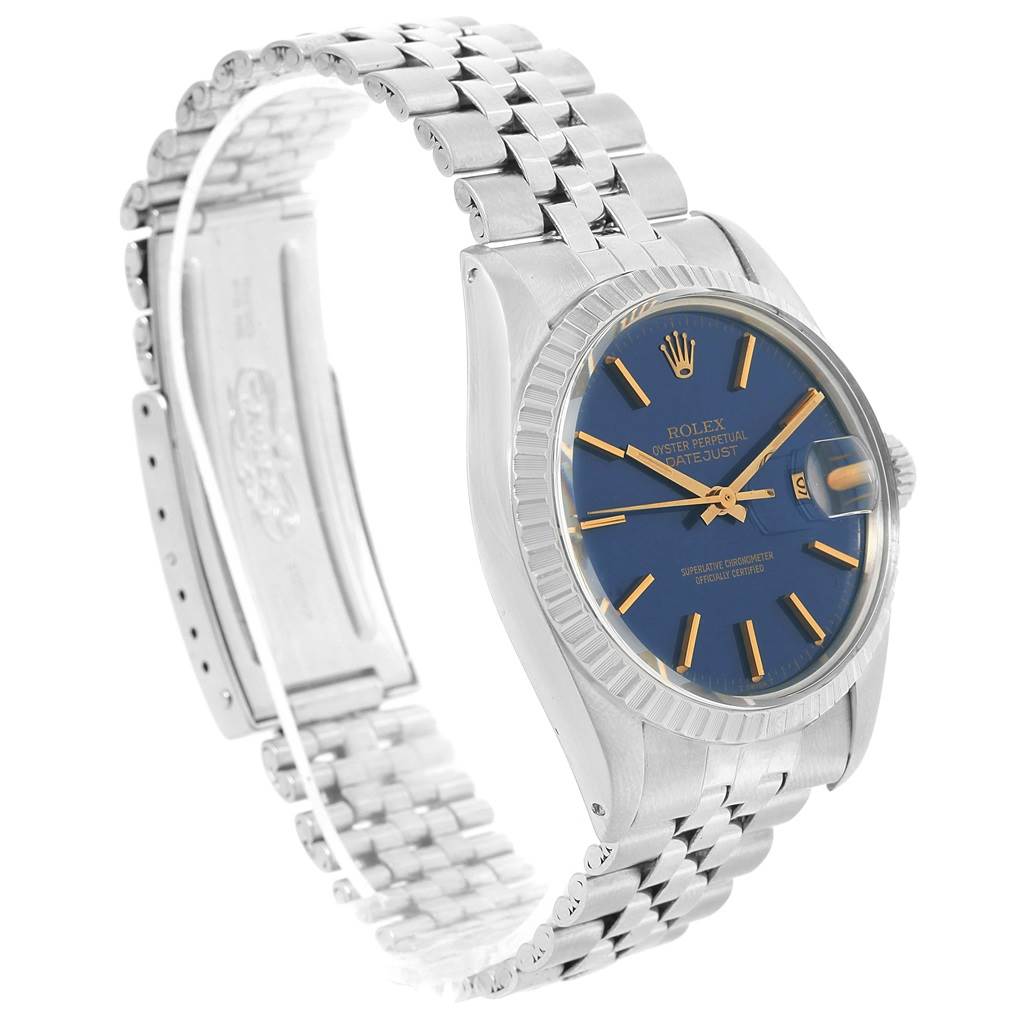 This image shows a side angle of a Rolex Vintage Collection 16030 Men's Stainless Steel Blue Dial 16030 Men's Stainless Steel Blue Dial model, highlighting the watch face, bracelet, and clasp.