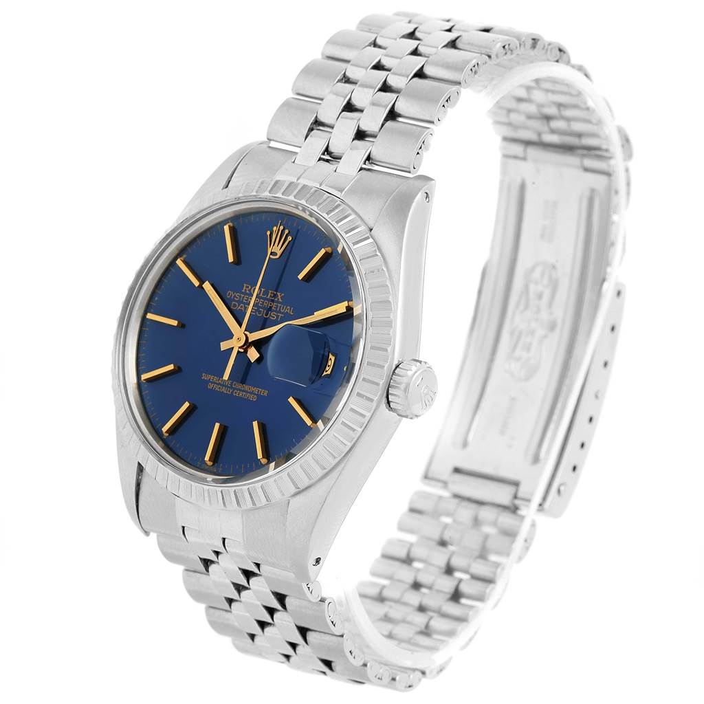 The Rolex Vintage Collection 16030 Men's Stainless Steel Blue Dial 16030 Men's Stainless Steel Blue Dial model is shown from an angle highlighting its blue dial, gold markers, fluted bezel, and metal strap.