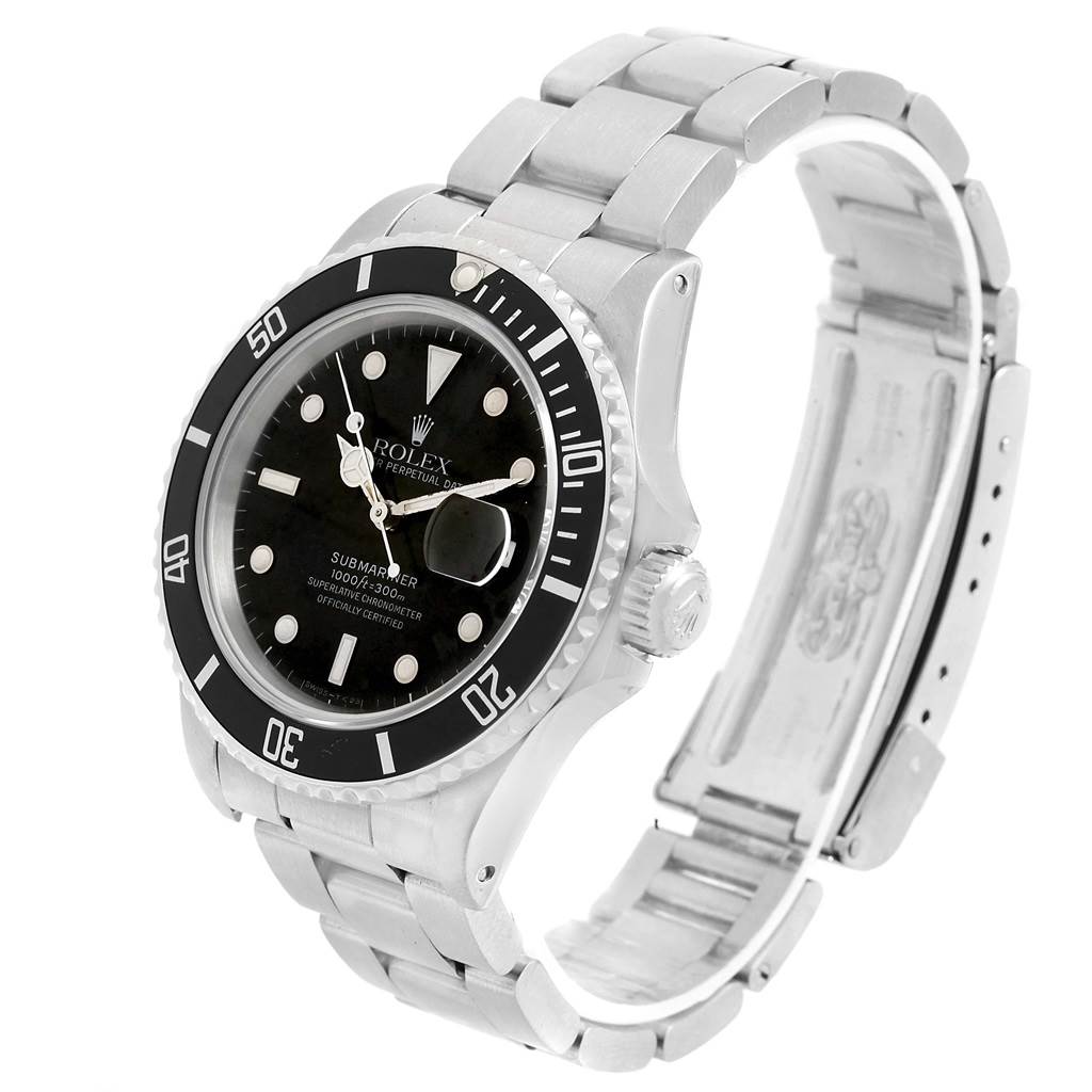 This image shows a slight side angle of the Rolex Vintage Collection 16800 Men's Stainless Steel Black Dial 16800 Men's Stainless Steel Black Dial model watch, displaying the dial, bezel, and bracelet.