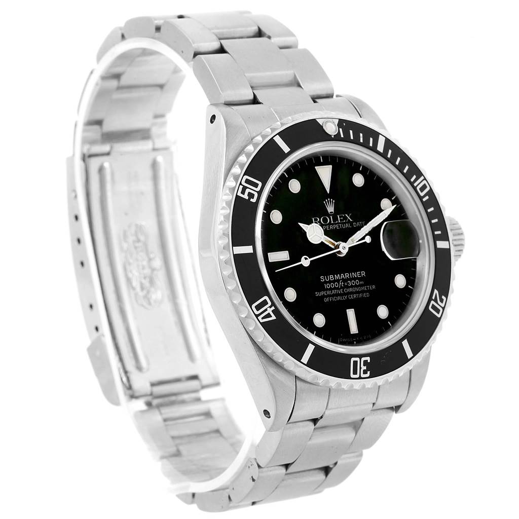 The image shows a side angle of the Rolex Vintage Collection 16800 Men's Stainless Steel Black Dial 16800 Men's Stainless Steel Black Dial model, featuring its stainless steel bracelet and black dial.