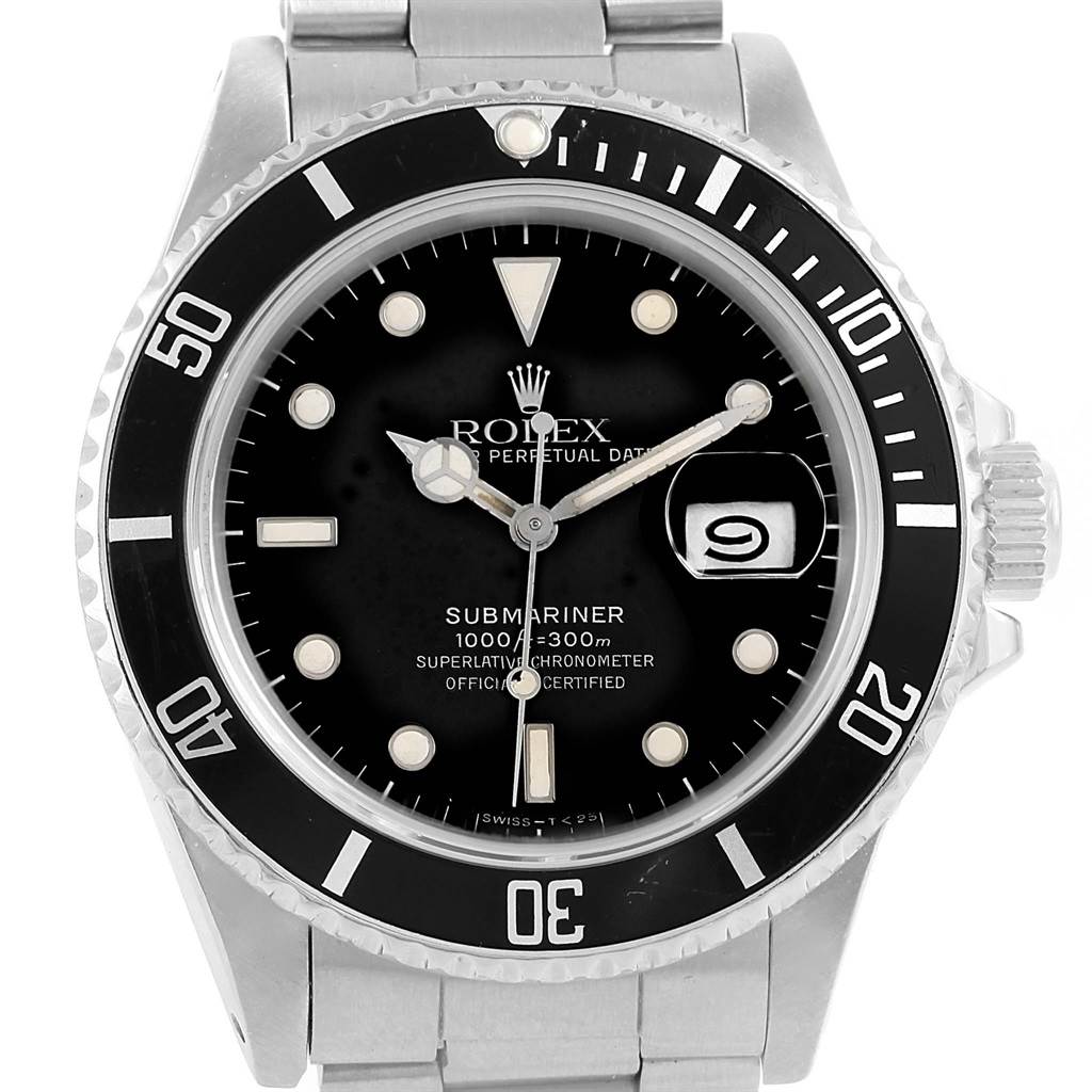 The image shows a front view of the Rolex Vintage Collection 16800 Men's Stainless Steel Black Dial 16800 Men's Stainless Steel Black Dial Submariner watch, displaying the dial and part of the band.