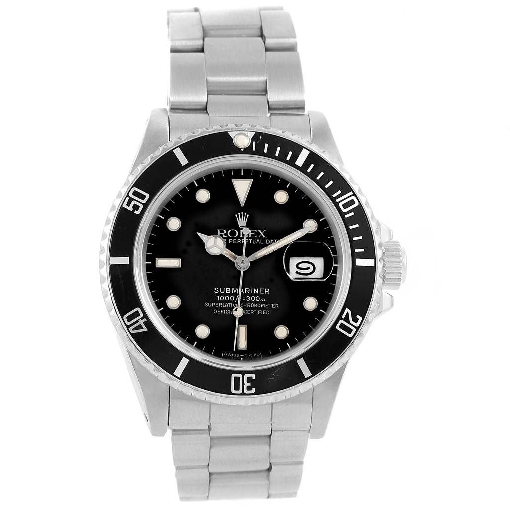 The Rolex Vintage Collection 16800 Men's Stainless Steel Black Dial 16800 Men's Stainless Steel Black Dial Submariner watch is shown from a front angle, displaying its face, bezel, and steel bracelet.