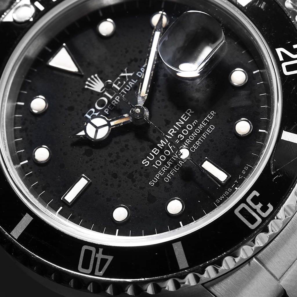 This close-up angle shows the dial and bezel of the Rolex Vintage Collection 16800 Men's Stainless Steel Black Dial 16800 Men's Stainless Steel Black Dial Submariner watch.