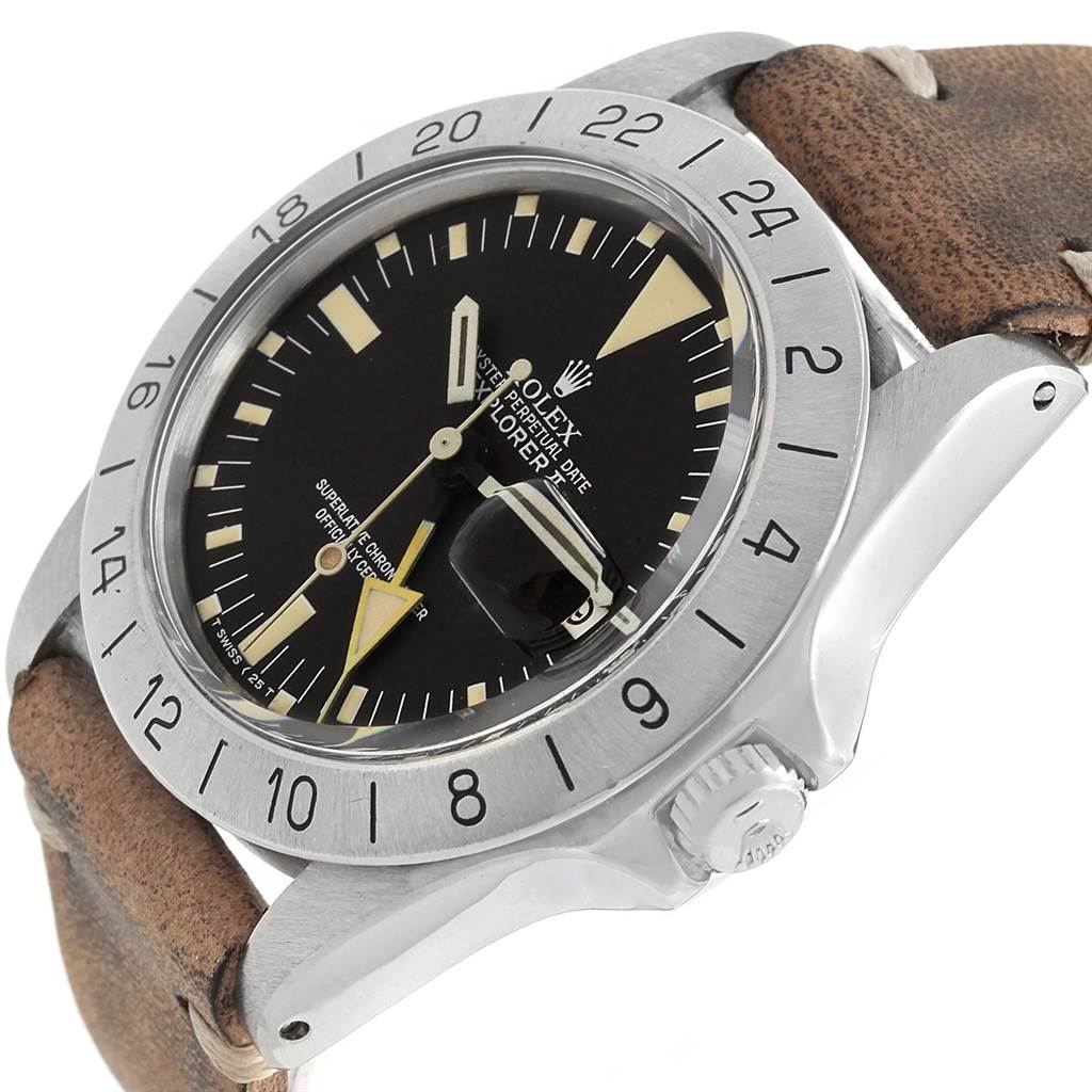 The image shows a close-up angled view of the Rolex Vintage Collection 1655 Men's Stainless Steel Black Dial 1655 Men's Stainless Steel Black Dial watch, highlighting the face, bezel, crown, and leather strap.