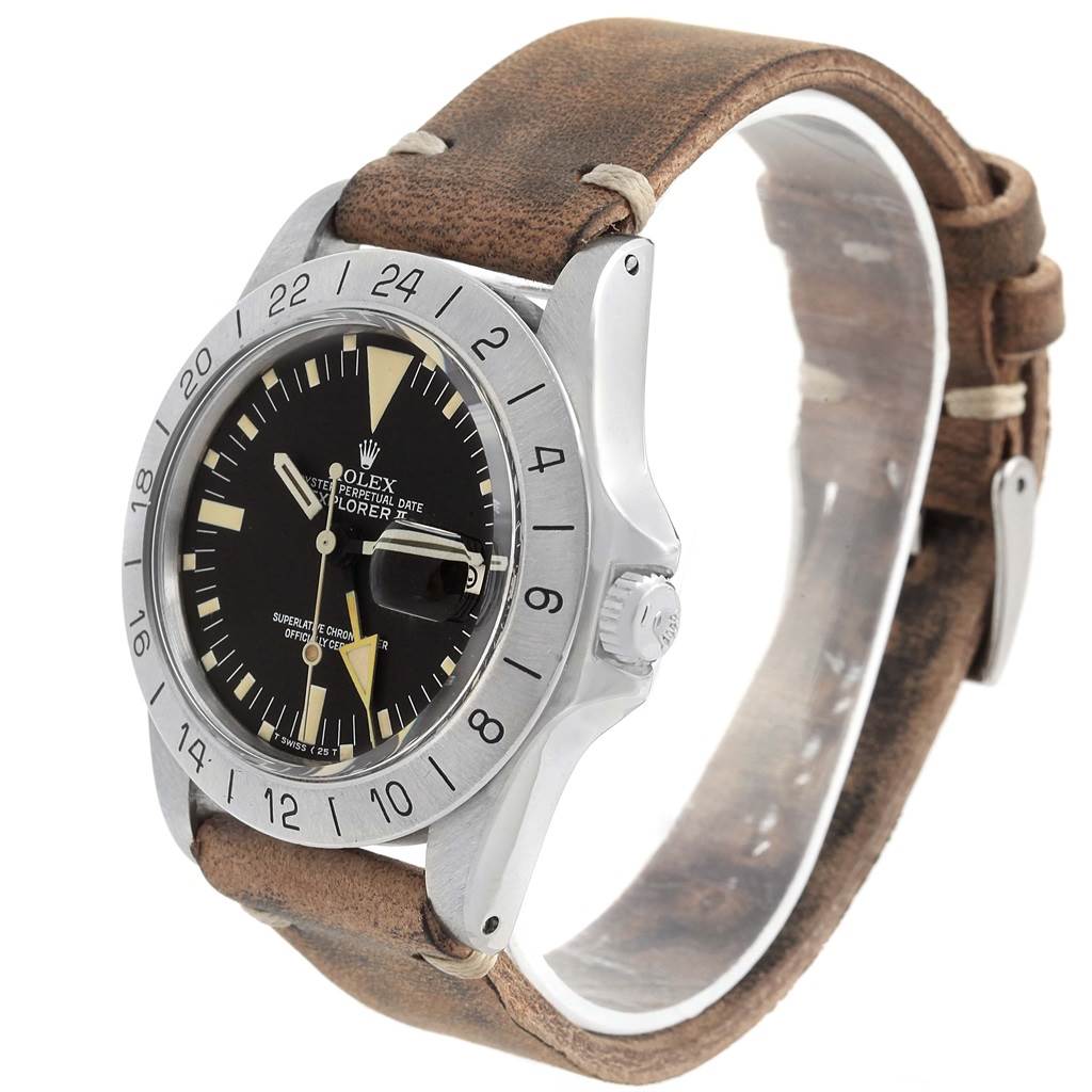 This image shows a side and front view of a Vintage Collection Rolex Explorer watch with a brown leather strap.