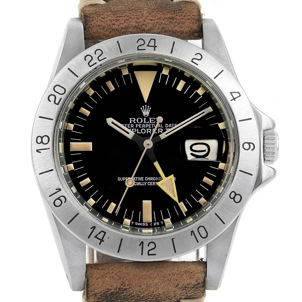 The Rolex Vintage Collection 1655 Men's Stainless Steel Black Dial 1655 Men's Stainless Steel Black Dial model watch, viewed from the front, features a leather strap, date window, and 24-hour bezel.
