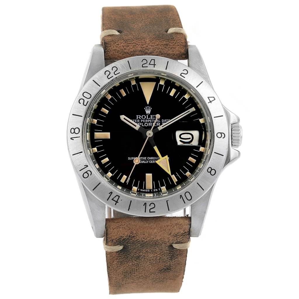The image shows a frontal view of a Rolex Vintage Collection 1655 Men's Stainless Steel Black Dial 1655 Men's Stainless Steel Black Dial Explorer watch with a brown leather strap.