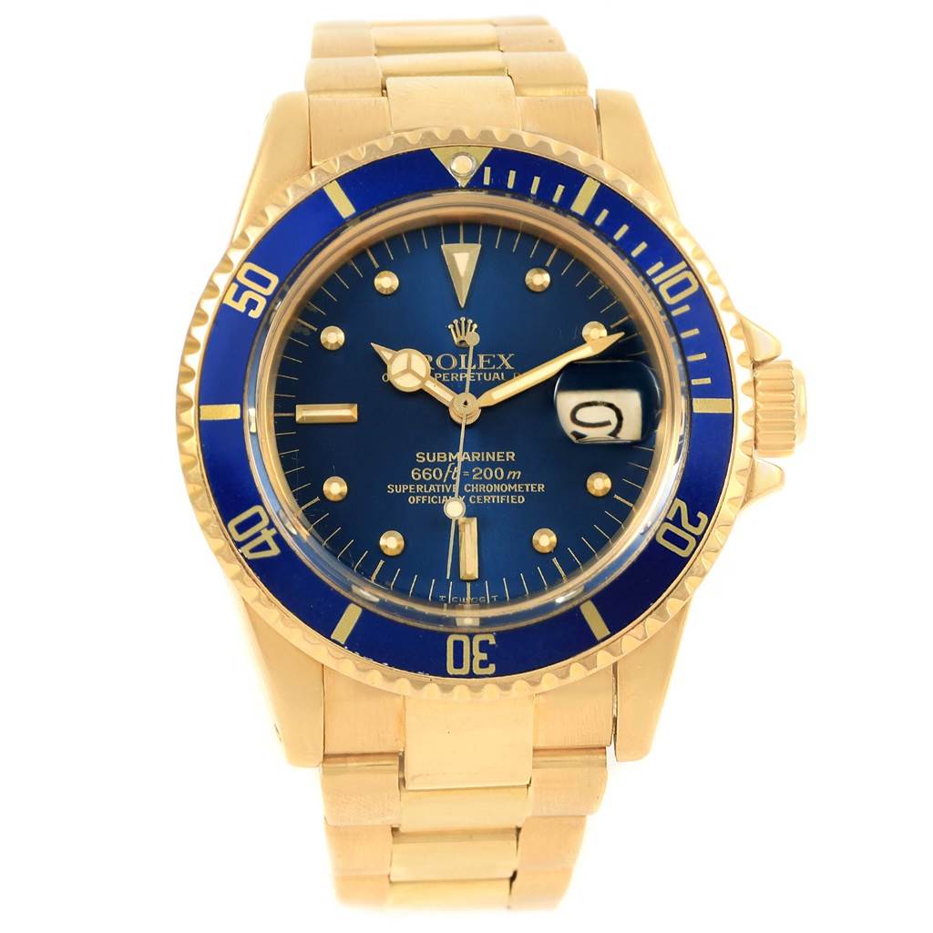 The image shows a front view of the Rolex Vintage Collection 1680 Men's Yellow Gold Blue Dial 1680 Men's Yellow Gold Blue Dial Submariner watch, displaying its blue dial and gold bracelet.