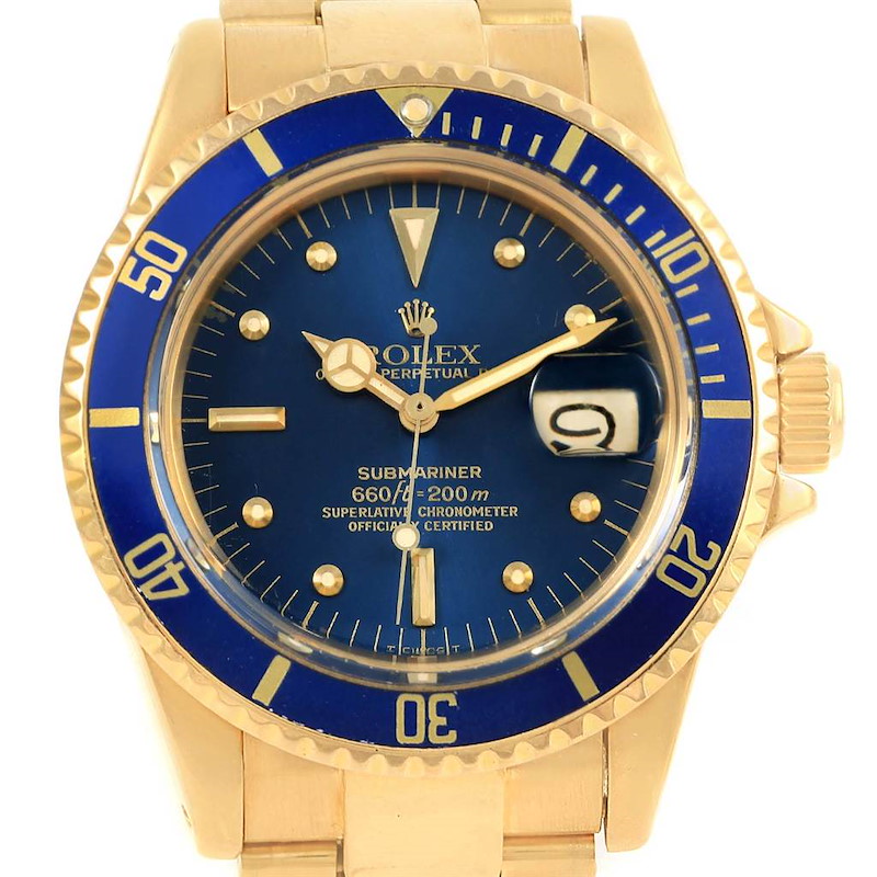 Rolex Submariner 18K Yellow Gold Blue Dial Vintage Mens Watch 1680 SwissWatchExpo