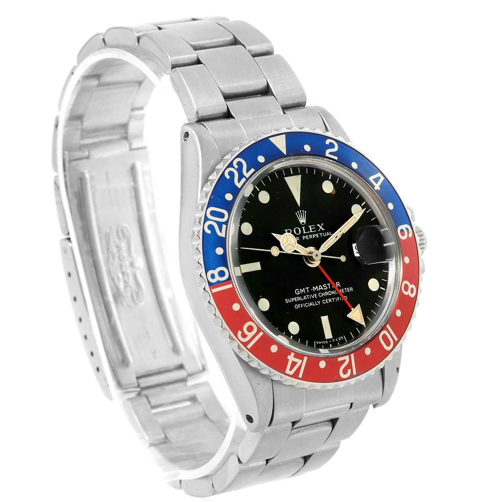 The image shows a Vintage Collection Rolex GMT-Master II watch at a three-quarter angle, displaying the bezel, dial, and bracelet.