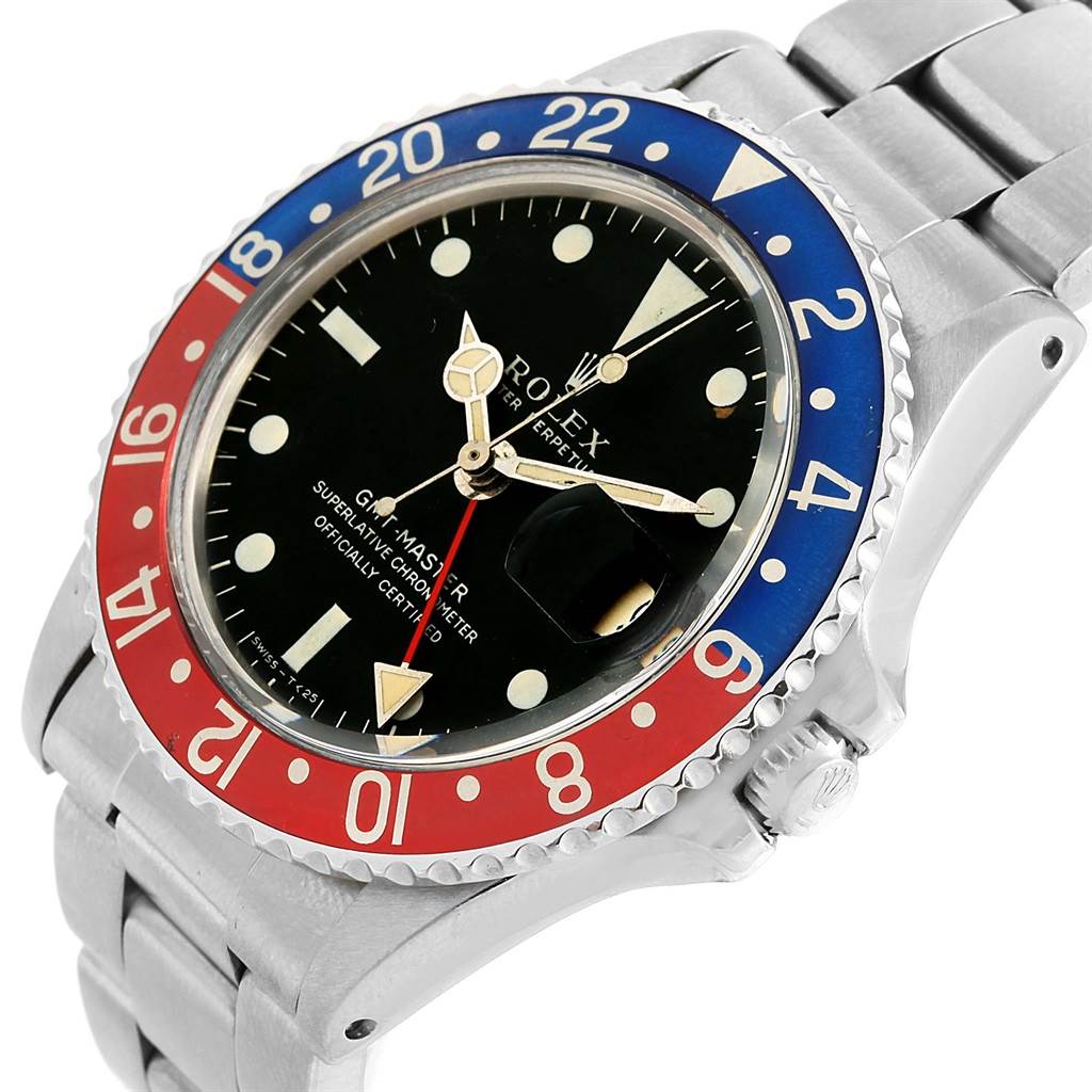 The image shows a close-up angled view of the Rolex Vintage Collection 1675 Men's Stainless Steel Black Dial 1675 Men's Stainless Steel Black Dial watch, highlighting its bezel, dial, and bracelet.