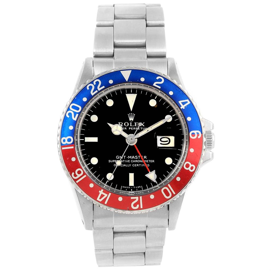 The Rolex Vintage Collection 1675 Men's Stainless Steel Black Dial 1675 Men's Stainless Steel Black Dial model is shown from the front, displaying the bezel, dial, hour markers, hands, and bracelet.