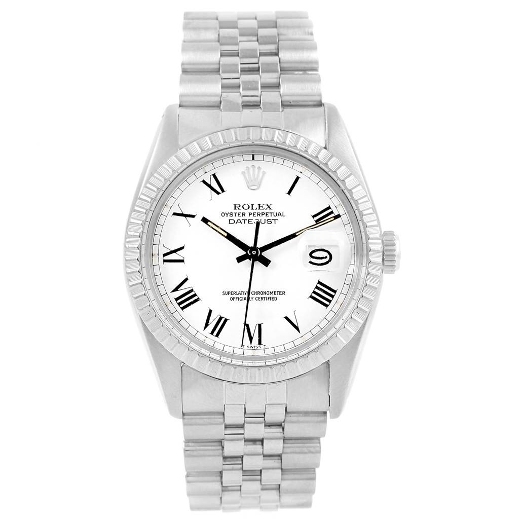 This is a frontal view of the Rolex Vintage Collection 16030 Men
s Stainless Steel White Dial 16030 Men
s Stainless Steel White Dial model, showcasing its Roman numeral dial, date display, and Jubilee bracelet.