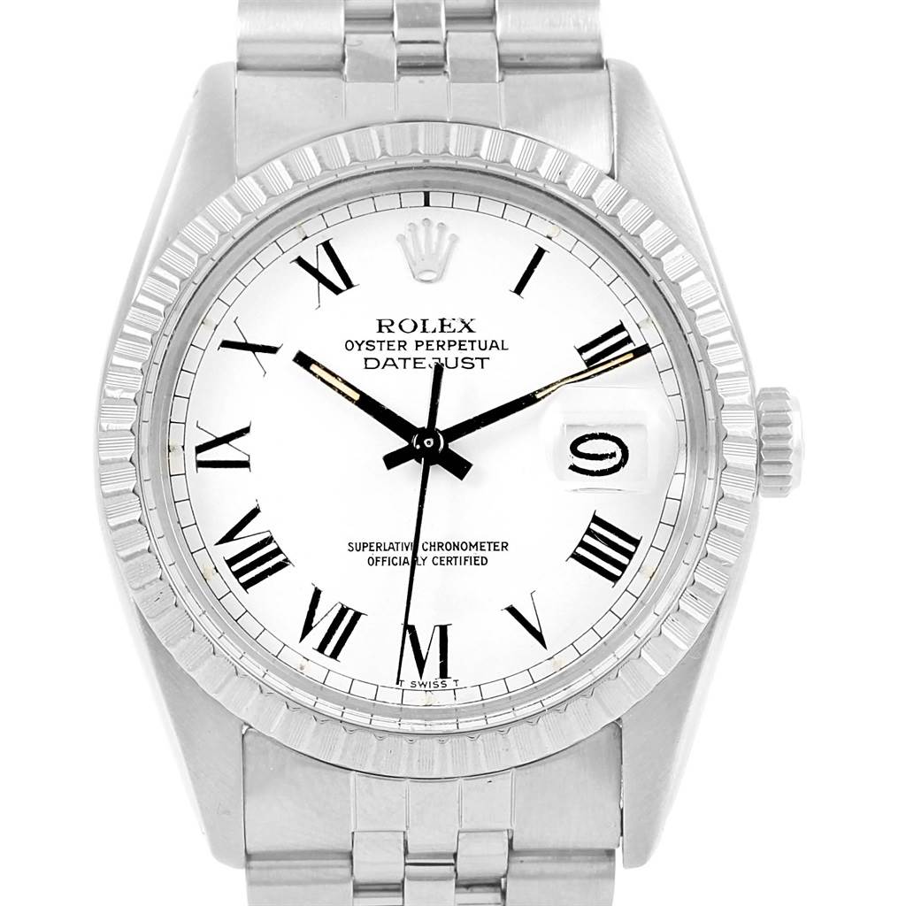 This image shows a front view of the Rolex Vintage Collection 16030 Men
s Stainless Steel White Dial 16030 Men
s Stainless Steel White Dial Oyster Perpetual Datejust watch, focusing on its dial and bracelet.