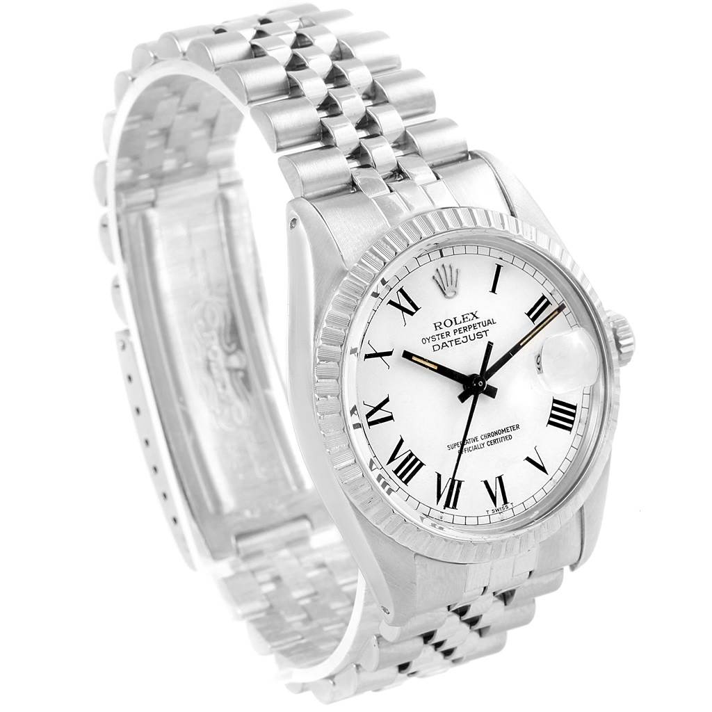 The Rolex Vintage Collection 16030 Men
s Stainless Steel White Dial 16030 Men
s Stainless Steel White Dial model watch is shown at an angled view displaying the face, bezel, and bracelet links.