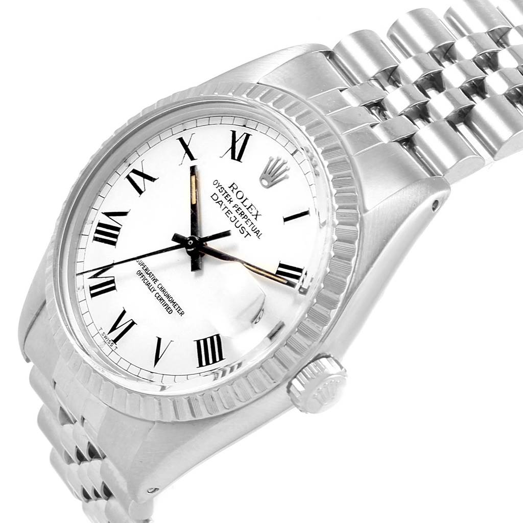 The image shows a tilted view of the Rolex Vintage Collection 16030 Men
s Stainless Steel White Dial 16030 Men
s Stainless Steel White Dial Datejust, highlighting the face, bezel, crown, and part of the bracelet.