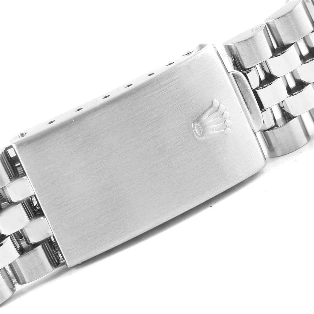 This image shows the clasp of a Rolex Vintage Collection 16030 Men
s Stainless Steel White Dial 16030 Men
s Stainless Steel White Dial watch band at a close-up angle.