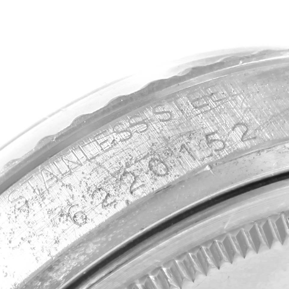This image shows a close-up of the engraved case back of a Rolex Vintage Collection 16030 Men
s Stainless Steel White Dial 16030 Men
s Stainless Steel White Dial model watch.