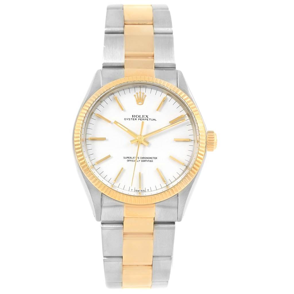 The image shows a front view of the Rolex Vintage Collection 1005 Men's Steel and Gold (two tone) White Dial 1005 Men's Steel and Gold (two tone) White Dial watch with its dial, bezel, crown, and two-tone bracelet visible.