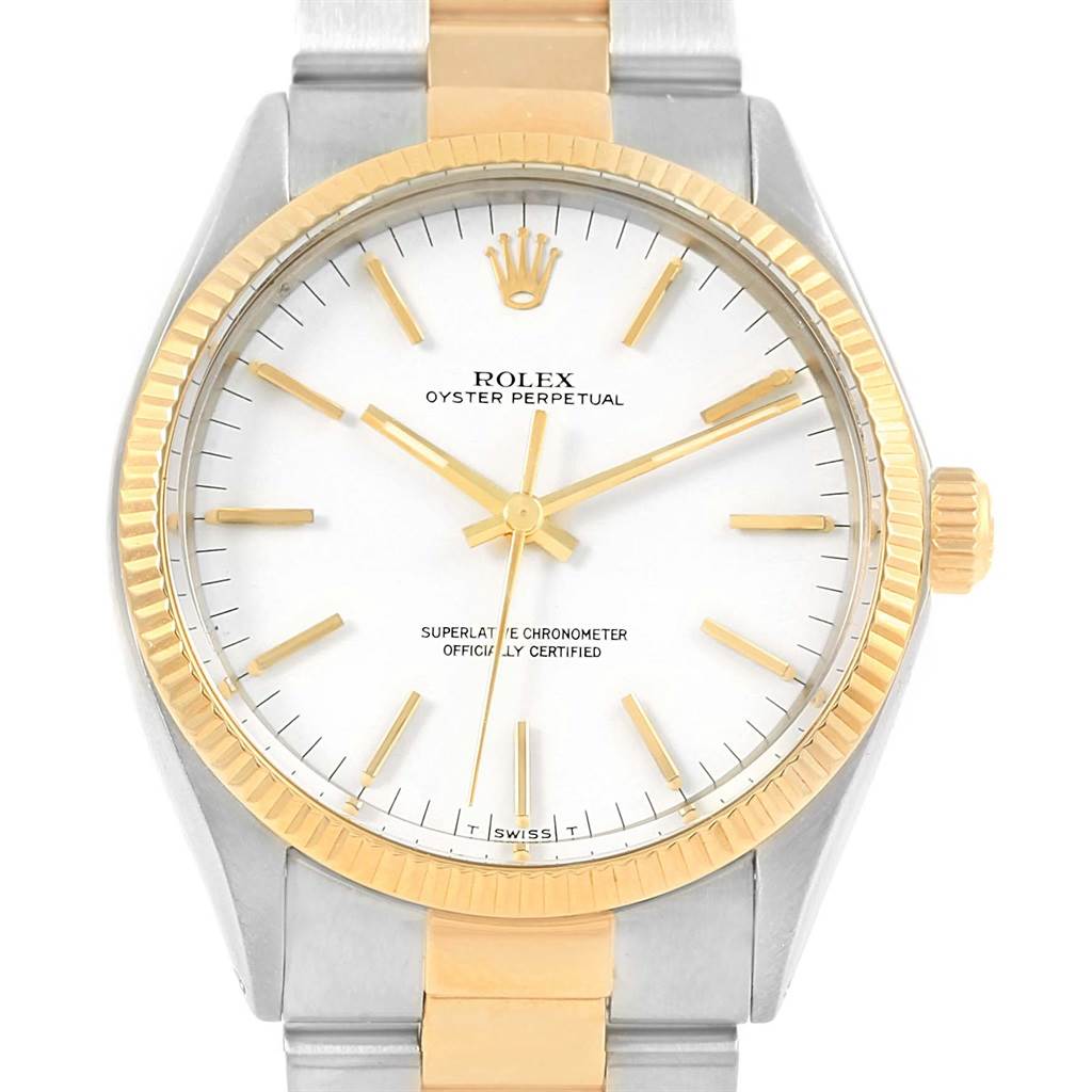 The image shows a front view of the Rolex Vintage Collection 1005 Men's Steel and Gold (two tone) White Dial 1005 Men's Steel and Gold (two tone) White Dial model, highlighting the dial, hands, bezel, crown, and part of the bracelet.